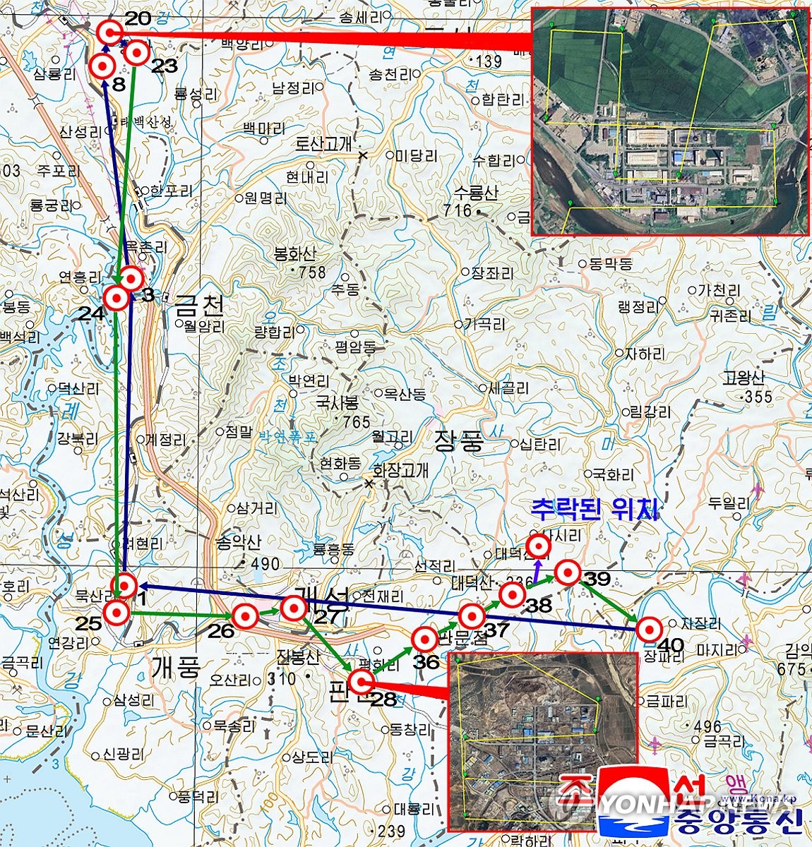 2026년 1월 4일 추락 기체에서 복원된 GPS 비행경로: 평산 우라늄 정련공장 상공 격자 촬영(오른쪽 위) 후 예성강을 따라 금천을 거쳐 개성·판문(오른쪽 아래) 상공을 비행하다 장풍군에 추락했다.